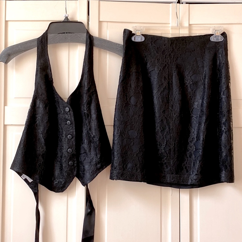 Vintage Paris Blues Black Lace Suit Mini Skirt Halter Top Sexy